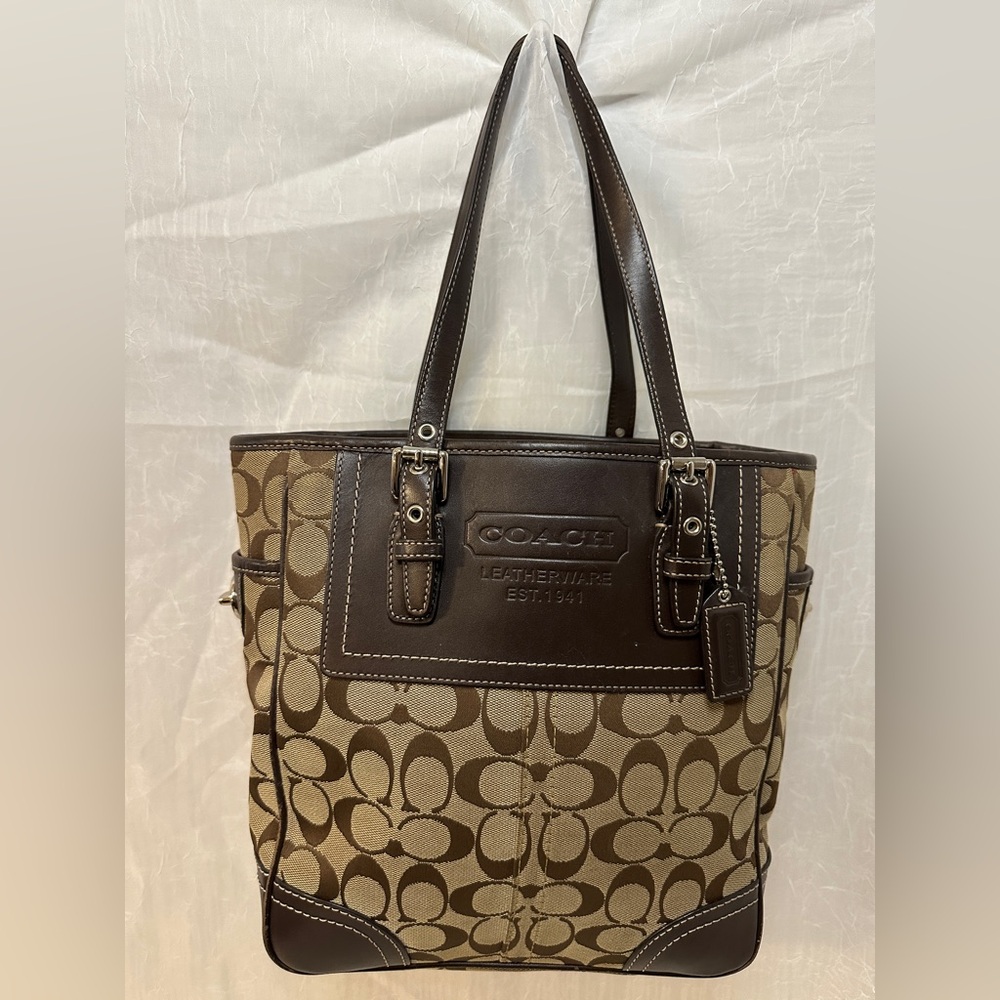 Coach Brown Signature Canvas Tote with Dark Brown Leather Trim